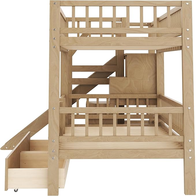Twin Over Twin Bunk Bed with Storage Staircase, Solid Wood Bunk Bed Frame with Slide and 2 Drawers for Kids Teens Adult Bedroom, No Box Spring Needed (Walnut/63r)