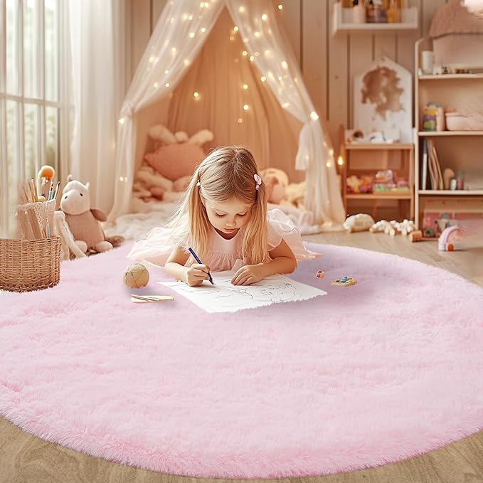 Round Rug 7x7Feet for Living Room: Pink Shag Round Area Rugs for Living Room-7x7Feet Large Ultra Soft Fluffy Carpet for Girls Bedroom- Pink Shaggy Rugs for Bedroom, Nursery Room