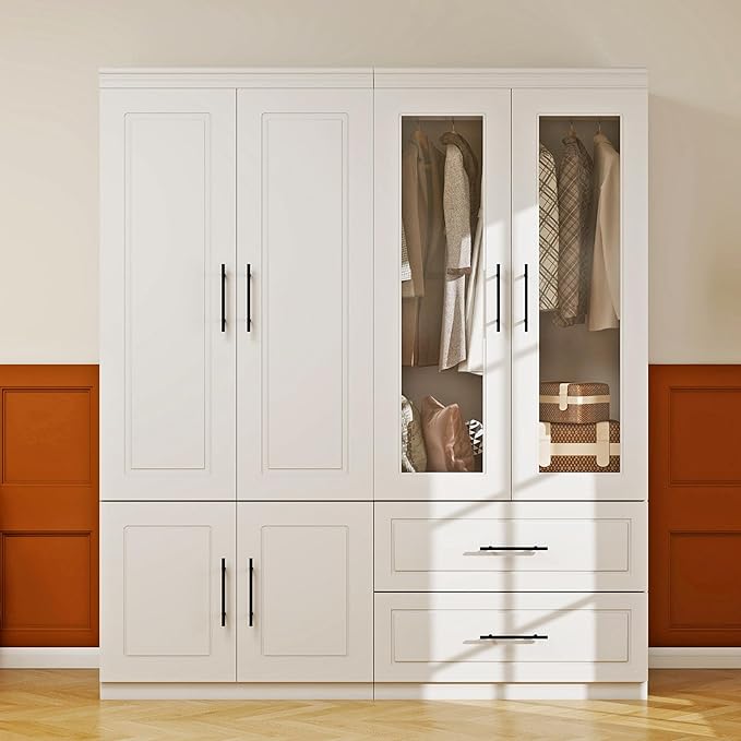 Armoire Wardrobe Closet with 2 Glass Door: White Wood Wardrobe Closet Wooden Bedroom Armoire 2 Drawer with Hanging Rods for Home/Bedroom/Living Room