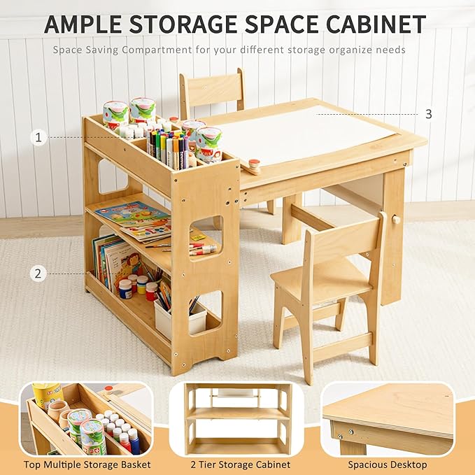 wingyz Kids Art Table and Chairs - Toddler Activity Table and 2 Chair Set with Storage Cabinet, 5 in 1 Kids Desk Craft Table with Paper Roll for Drawing Playrooms Daycare Classroom Gifts