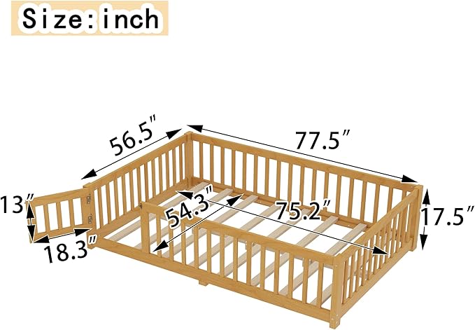 Bellemave Full Size Floor Bed with Rails for Kids, Girls, Boys, Pine,Plywood Floor Bed with slats and Door, Natural