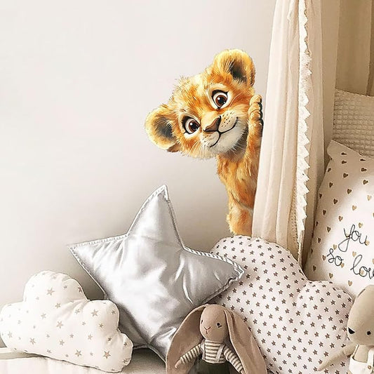 Baby Lion Wall Decals Removable Cartoon Animal Cub Peeking Vinyl Stickers for Nursery Living Room and Kids Playroom Jungle Theme Decor Peel and Stick Wall Art
