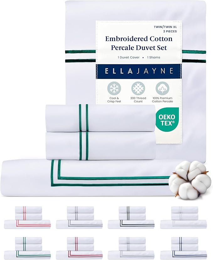 Ella Jayne Twin Duvet Cover (2 Pcs), 100% Cotton Percale, Twin/Twin XL, Soft, Breathable & Lightweight Including Duvet Cover (1 Piece) 68" x 90" Inches with 1 Pillow Shams (Dark Green Design)