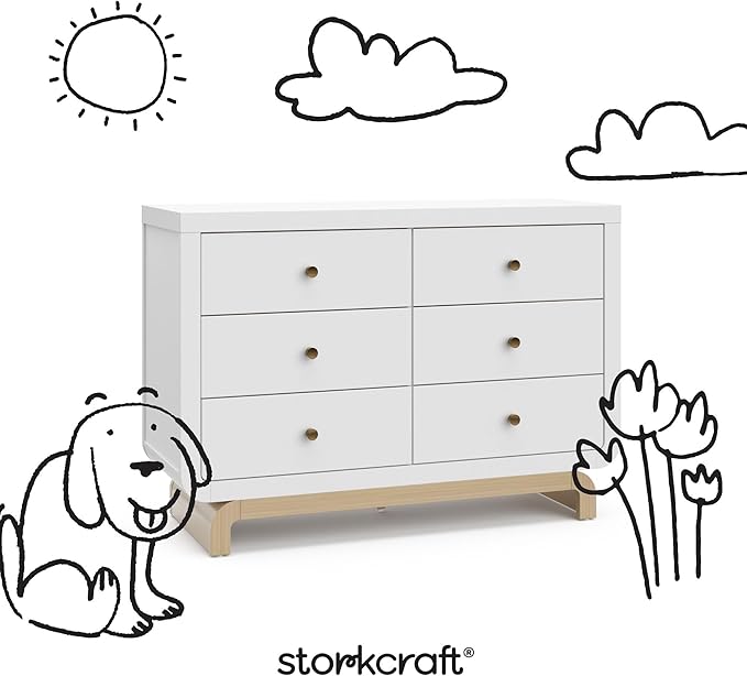 Storkcraft Santorini 6 Drawer Double Dresser (White with Driftwood) - GREENGUARD Gold Certified, Interlocking Drawer System, Dresser Drawer Organizer for Kids Bedroom