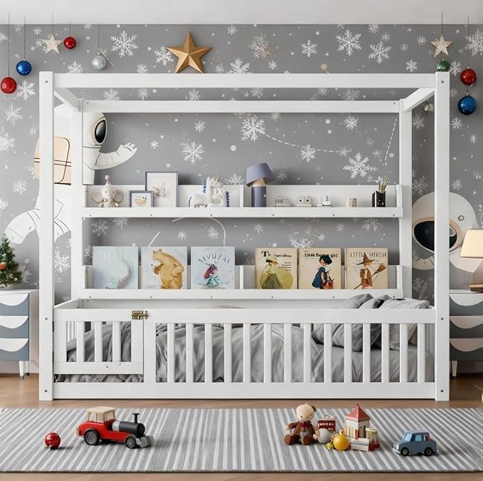 Bellemave Twin Canopy Bed with Rails and Slats,Wooden Floor Bed with Bookcase and 4 Poster Design,Montessori Floor Bed Frame,No Spring Box Needed（Twin,White）