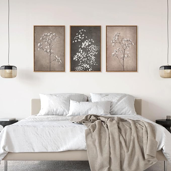 FWIEXA Neutral Floral Wall Art of 3, Framed Beige Botanical Canvas Prints, Minimalist Wildflower Wall Decor, Large Modern Plant Painting, 24x36 Inches Artwork for Living Room, Bedroom, Office, Home