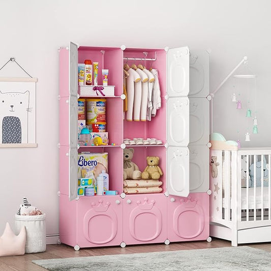 MAGINELS Kids Wardrobe Closet,Baby Closet Cabinet with Door.Baby Girls Armoires Organizer for Bedroom.Two Open Hanging Children Costume Area and 8 Cube Stroage.Pink(42x14x56inch)