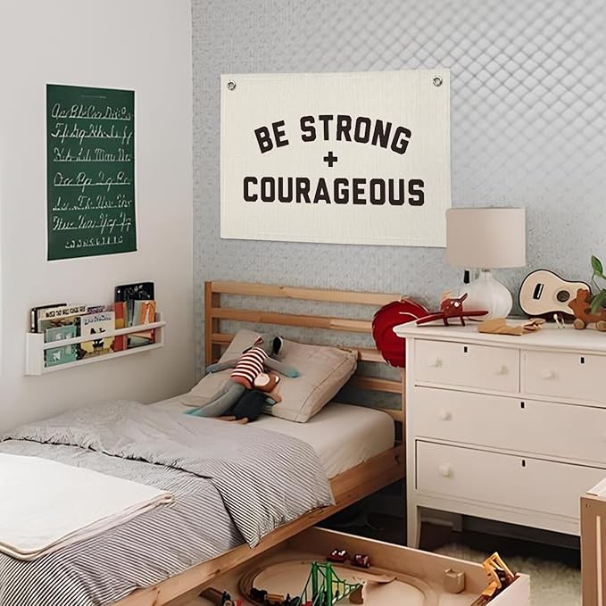 Be Strong And Courageous Banner, Christian Inspirational Wall Decor, Boys Room Bible Verse Motivational Wall Hanging Banner Flag Decor for Nursery Toddler Kids Room 20x30 Inch