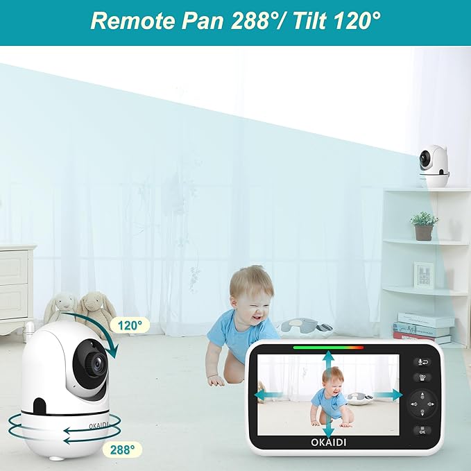 OKAIDI 720P HD Baby Monitor, 5 Inch Baby Monitor with Camera and Audio, 5000mAh Battery, Remote Pan-Tilt, 3X Zoom, 1000ft Baby Monitor NO WiFi, Night Vision, 2-Way Talk, Temperature, Lullabies