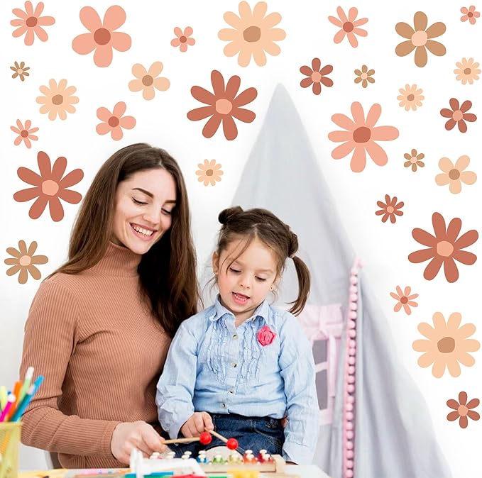 12 Sheets Daisy Wall Decals Boho Flower Wall Stickers Cute Kids Girls Room Decor Peel and Stick Floral Decals Toddler Nursery Playroom Living Room Bedroom Classroom Retro Hippie Decor Boho Style