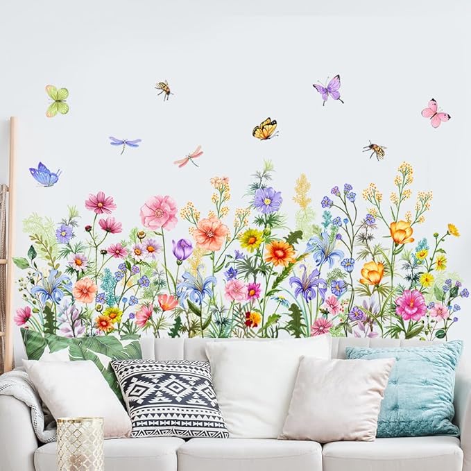 Colorful Floral Wall Decals Wildflowers Flower Wall Stickers Butterfly Green Plant Wall Mural Peel and Stick Flowers Wall Decor DIY Removable Wall Art for Girls Bedroom Nursery