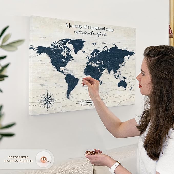ElephantStock - A Journey I Push Pin World Map Wall Art - Horizontal Canvas Wall Art - Living Room Wall Decor - Digital Art Map Canvas Art - Blue And Beige Decor - 30" x 20"