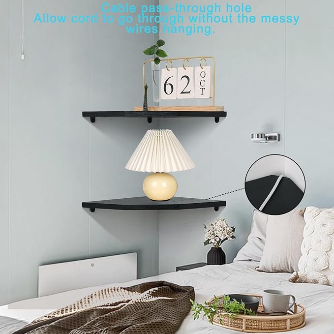 Corner Wall Shelves Set of 2, Rustic Wood Corner Floating Shelves with Cable Raceway, Wall Mount Storage Display for TV Accessories, Baby Monitor, Speaker, Cable Box (Black, Diamond- 12 Inch)