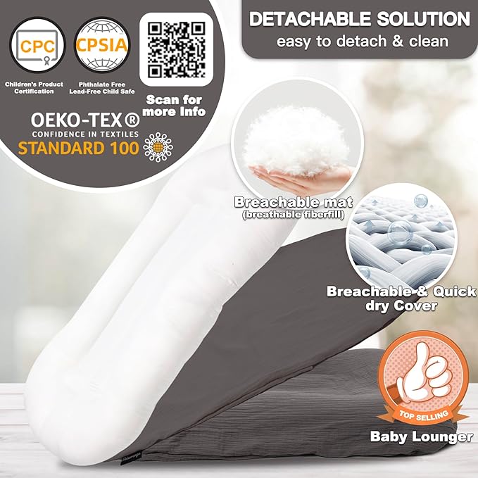 Baby Lounger for Newborn - Snuggle Cozy Me Lounger | Breathable Soft Cotton, 0-24 Months Portable Playtime Baby Nest, Newborn Baby Essentials Gifts - Grey (1 Lounger + 1 Cover)