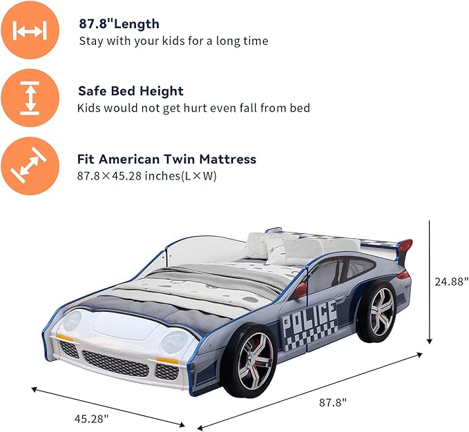 LKTART Twin Size Car Bed for Kids, Police Car-Shaped Wooden Platform Bed Frame with LED Lights, Headboard Wheels and Support Slats for Boys Toddlers Child's Bedroom (Blue)