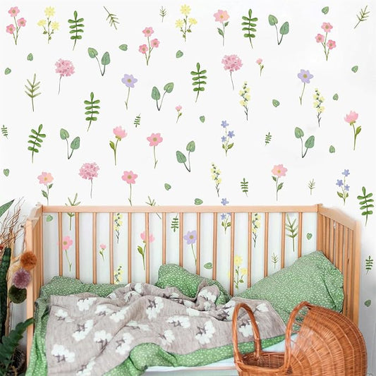 Flower Floral Wall Decal Small Colorful Flower Wall Stickers Flowers Leaves Decals Wildflower Floral Leaf Sticker Cute Flower Leaf Decal for Nursery Girls Room Bedroom Decor