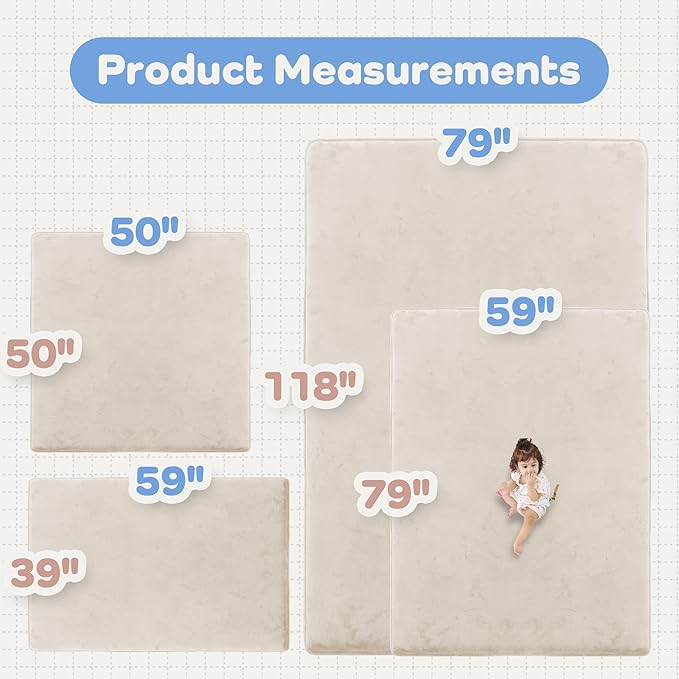 1.5" Thick Baby Play Mat for Floor, 50x50 Playpen Mat, Pro Soft Flannel Foam Mats Toddler Infant Kids Crawling for Nursery Rug Playroom Living Room Waterproof Easy Care Non-Slip (Beige)