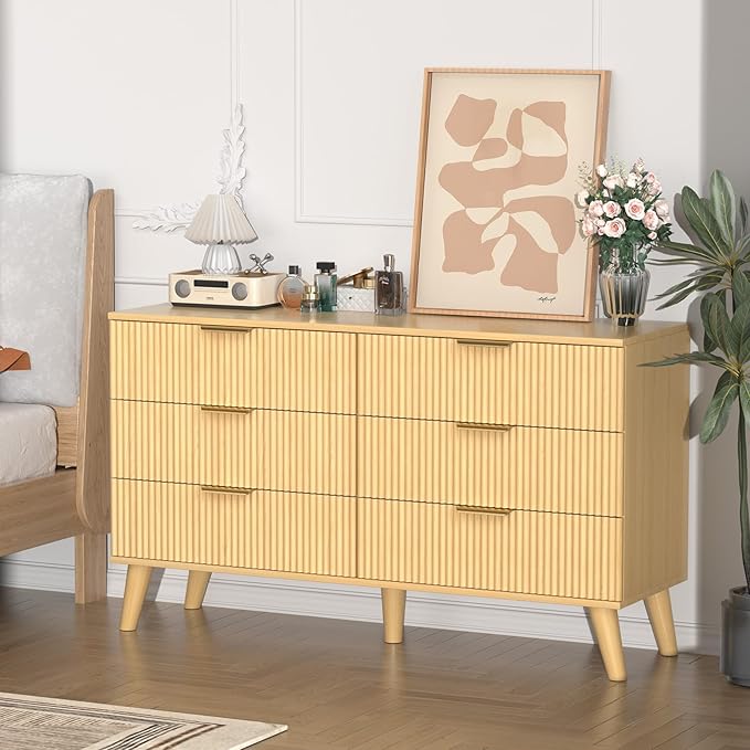 6 Drawer Dresser for Bedroom, 47" Wide Modern Chest of Drawers with Fluted Design, Dresser TV Stand, Boho Storage Wood Dresser Organizer for Living Room, Hallway, Closet, Entryway Natural