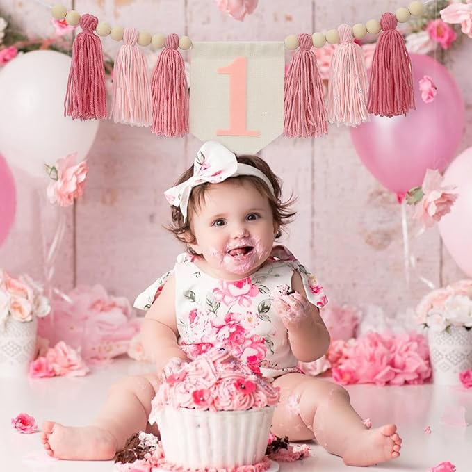 Boho Pink Handmade 1st Birthday High Chair Banner for Baby Girls Wild One Wall Hangings First Highchair Banner Wood Bead Tassel Garland Photoshoot Props Photo Props1 Birthday Party Decorations