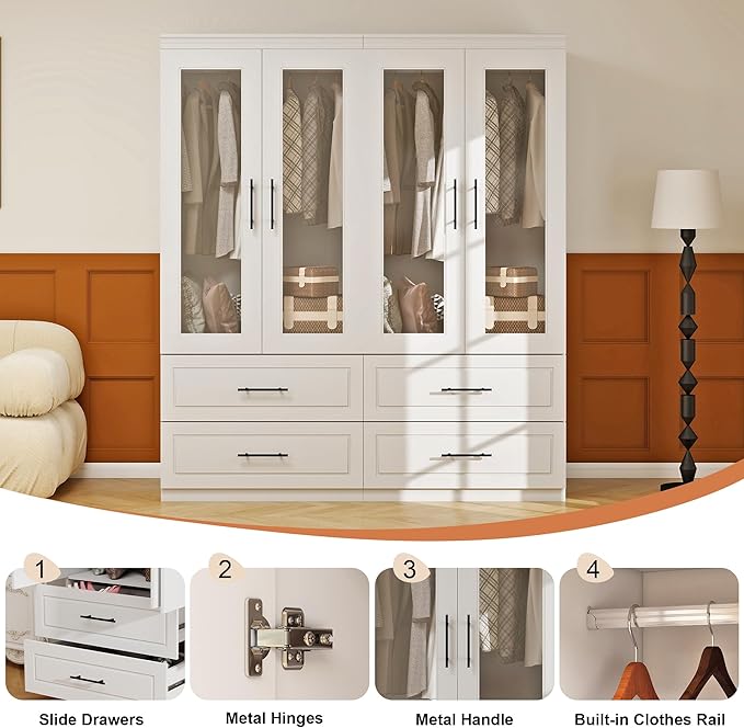 Armoire Wardrobe Closet with Glass Door: White 4 Glass Door Wood Wardrobe Closet with 4 Drawer Wooden Bedroom Armoire with Hanging Rods for Home/Bedroom/Living Room