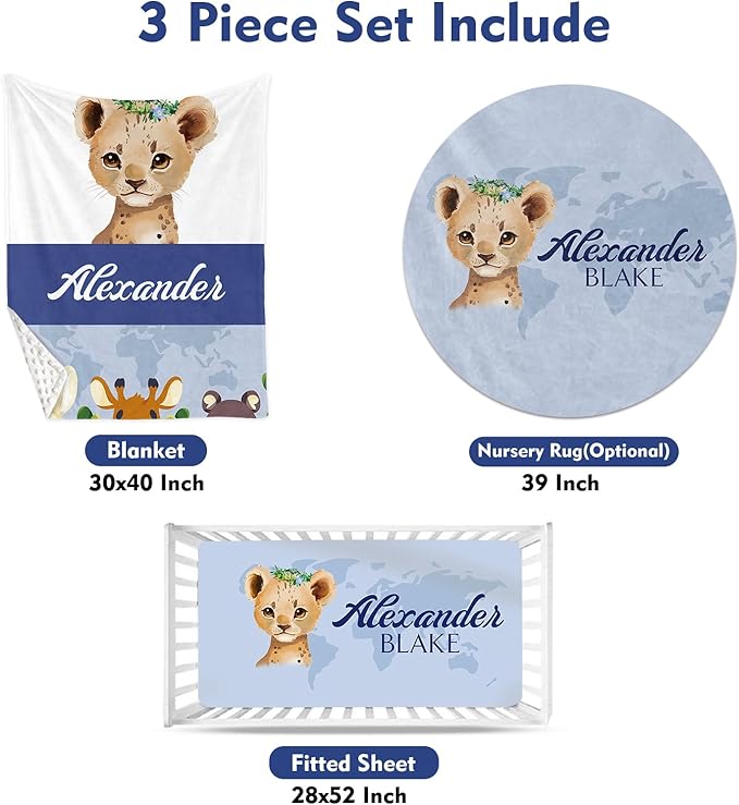 Custom Baby Crib Bedding Set - Blue Leopard Design Personalized Name Baby Nursery Bedding 3 Pcs Set - Chic Soft Blanket, Fitted Sheet, Room Rug for Newborns Boys Girls Gifts