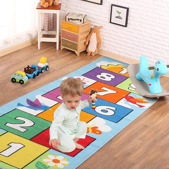 Hop & Count Hopscotch Rug for Kids, Floor Play Area Rug Game Carpet Crawl Jump Mat, Skid-Proof Backing, Great Gift for Boys Girls, Room Decor, Classic Hopscotch Rug for Preschool Playroom