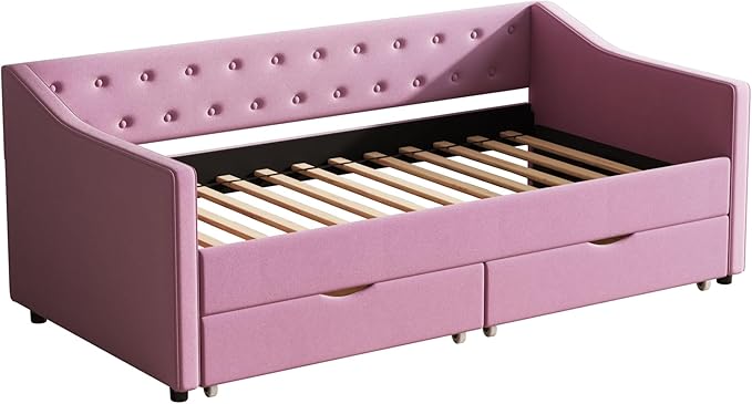 Ball & Cast Twin Size Daybed with Storage Drawers,Linen Upholstered Day Bed Frame with Button Tufted Back and Waved Shape Arms for Bedroom,Guest Room,No Box Spring Needed,Pink