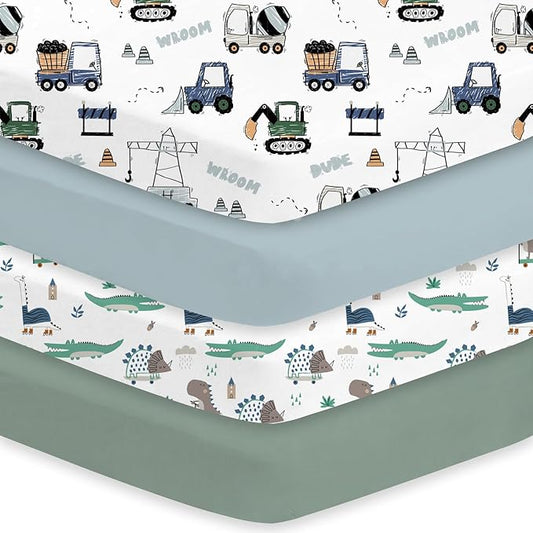 Little Grape Land Crib Sheets 4 Pack for Boys and Girls, Baby Neutral Crib Fitted Sheets for Standard Crib & Toddler Mattress, Super Soft Breathable Fitted Crib Sheet Set, Truck & Alligator