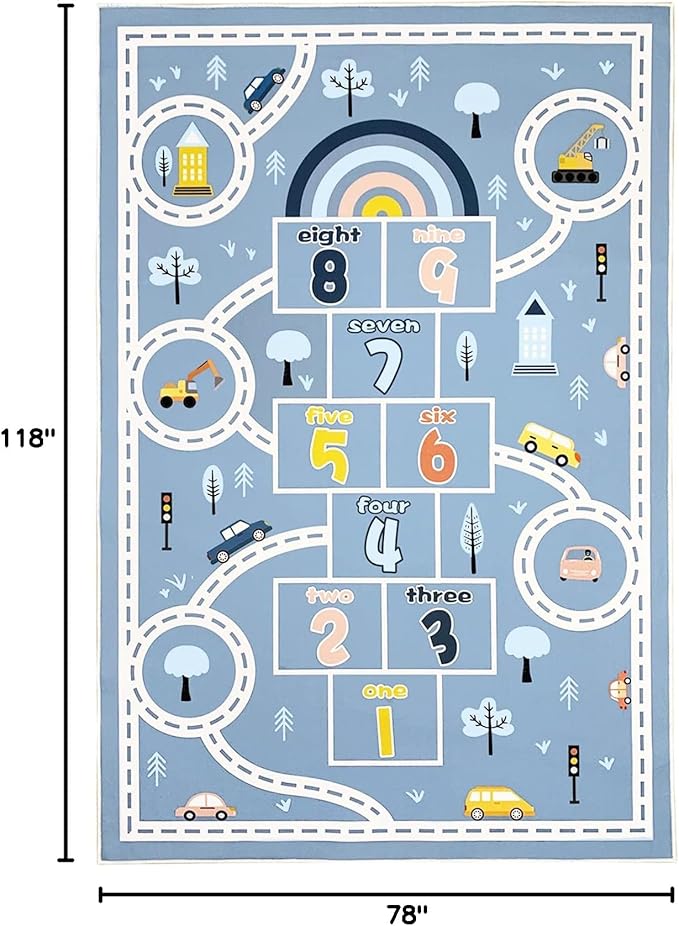 Hopscotch Car Rug 10Ft Extra Large Blue Kids Play Mat Rainbow Classroom Carpet for Children Boys Girls Bedroom Educational Learning Area Rug, Preschool Car Road, 6.6x9.8Ft