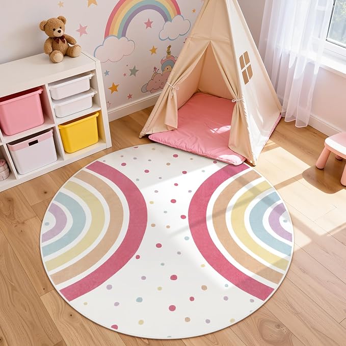 STARUIA Colorful Rainbow Rug for Nursery, 5 Ft Machine Washable Rug for Kids Room, Large Round Rugs for Girls Bedroom, Circle Kids Rugs Soft Polka dot Carpet for Classroom Playroom Tent