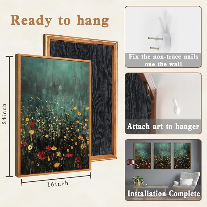 Anyzal Large Colorful Nature Floral Canvas Wall Art Framed Watercolor Wildflowers Illustration Prints Modern Botanical for Living Room Bedroom Office 16x24 Inch Set of 3