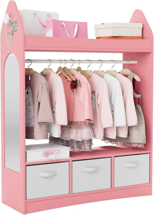Kids Dress Up Storage Rack Mirror Wood Child Wardrobe 2 Hooks 2 Fabric Bins Toddler Closet Girls Boys Open Hanging Armoire Storage Shelf Coat Costume Hat Shoe (Pink/Rocket/Three Drawers)