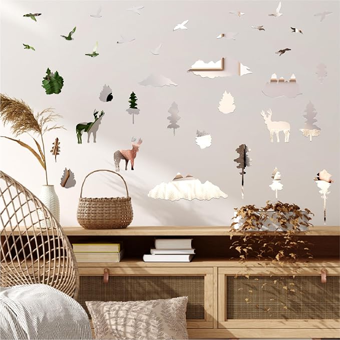 Woodland Tree Animal Wall Stickers Removable 3D Mirror Acrylic Wall Decals Mountain Pine Trees Decals Peel and Stick Forest Animals Tree Decor for Bedroom Living Room