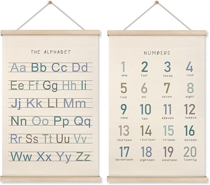 HRQKO Alphabet Numbers Poster Hanger Frame Set of 2, Nursery Wall Decor, Boho ABC Poster Wall Art with Wooden Frames, Alphabet Banner Wall Hanging Decor for Boy Toddler Room Playroom, 16x24 inch