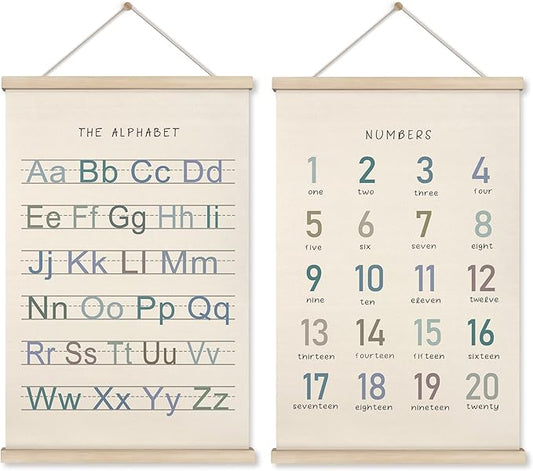 HRQKO Alphabet Numbers Poster Hanger Frame Set of 2, Nursery Wall Decor, Boho ABC Poster Wall Art with Wooden Frames, Alphabet Banner Wall Hanging Decor for Boy Toddler Room Playroom, 16x24 inch
