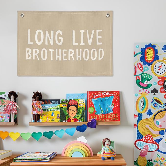 Brotherhood Nursery Decor - Long Live Brotherhood Stonewashed Linen Banner for Baby Boy Shower Gift, Toddler Room & Boys Adventure Bedroom - Brother Bond Wall Art 20x30 Inch