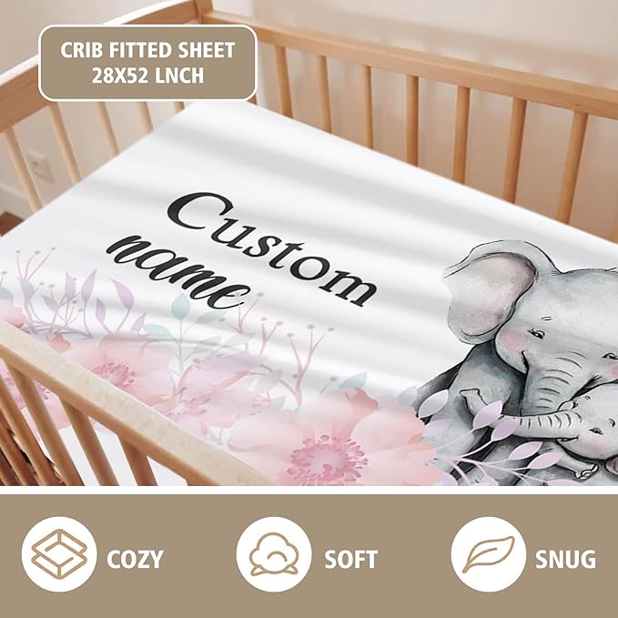 Personalized Crib Bedding Set for Boys Girls, Custom Baby Crib Sets with Name, Pink Elephant Design Nursery Bedding 2 Piece - Soft Blanket with Double Layer Dotted Backing, Crib Fitted Sheet