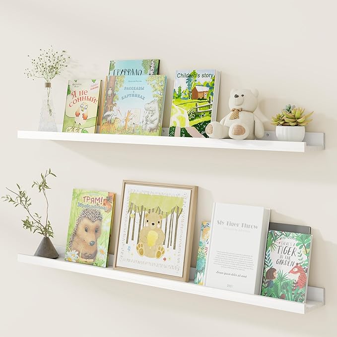 Fun Memories Picture Ledge Shelf, Pine Wood Floating Shelves Set of 2, 48 inch Nursery Book Shelves, Photo Ledge Book Shelves Wall Mounted for Living Room Kids' Room Bedroom - White