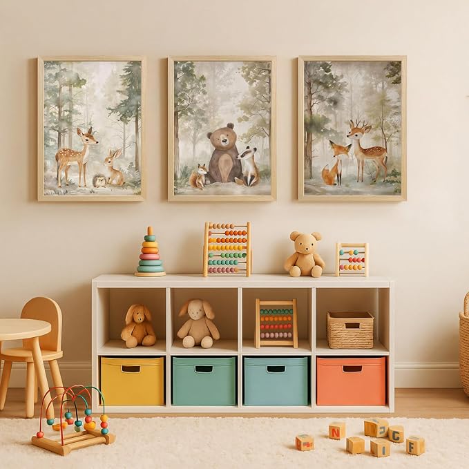 LLEEMPI Woodland Nursery Wall Decor Set of 3, Cute Forest Animal Wall Art, Bear Fox Deer Watercolor Canvas Prints, Vintage Nature Poster Prints for Kids Bedroom Bathroom Playroom Wood Framed 12x16 Inch