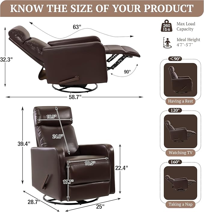 Swivel Rocking Recliner Chair for Small Space, Manual Swivel Glider Recliner for Nursery,RV,Rocking Recliner with Footrest and Side Pocket,Breathable Leather,Dark Brown