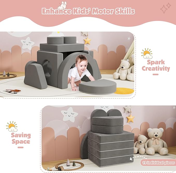 12 PCS Modular Kids Play Block Couch Child Sectional Sofa Toddler Building Fortplay Bedroom Playroom Baby Convertible Floor Foam Cushion for Boys & Girls (Dark Gray-Double)