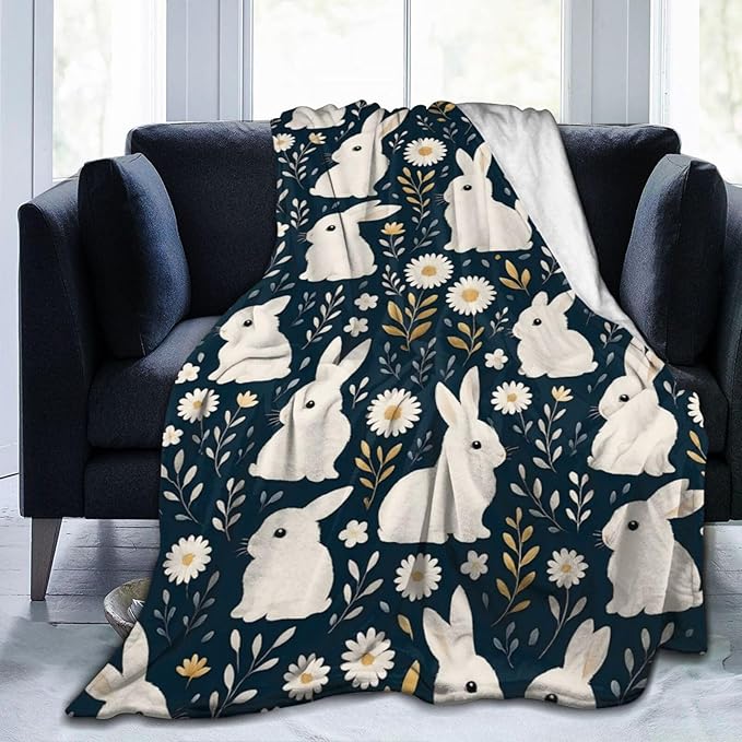 Rabbit Blanket Rabbits Flower Floral Throw Blanket Soft Cozy Fleece Fuzzy Plush Warm Stuff Bedding Farm Animal Nursery Toddler Baby Blankets Gifts for Boys Girls Kids Adult Men Women 50"X60"