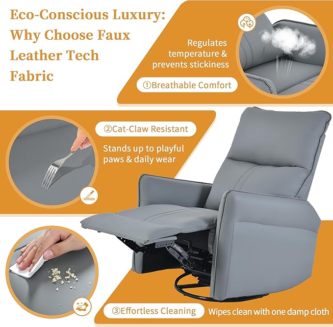 Glider Chair for Nursery, 360° Swivel Rocker Recliner with Side Pocket, Leather Manual Rocking Chair for Living Room, Bedroom, Small Spaces