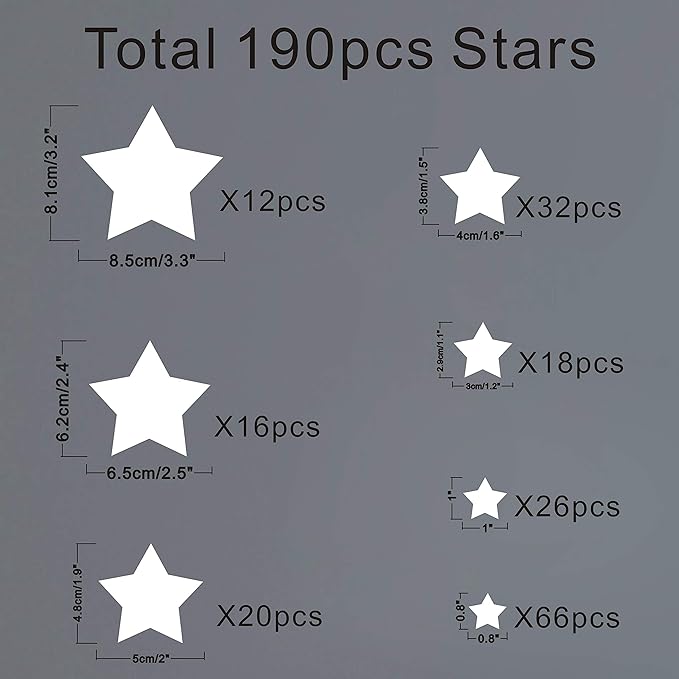190 Pieces Star Wall Decals, Matte Vinyl, Nursery Decor, Easy to Use, Removable for Kids Baby Girls Boys Bedroom, Home Decor Stickers Y17 (White)