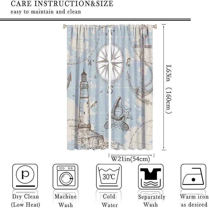 Nautical Theme Window Curtains,Pirate Sailboat Curtains for Bedroom,Conch Starfish Print Draperies for Living Room,Ocean Window Treatment Curtains Set 2 Panels,42x63 Inches