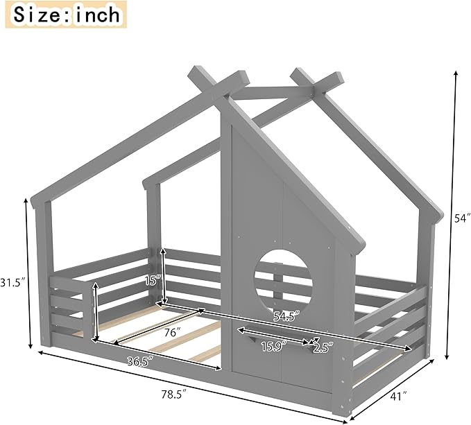SOFTSEA Twin Size Floor House Bed with Roof, Solid Wood Montessori Bed Frame with Slats and Guardrails, Kids Playhouse Floor Bed for Boys Girls, No Spring Box Needed, Grey
