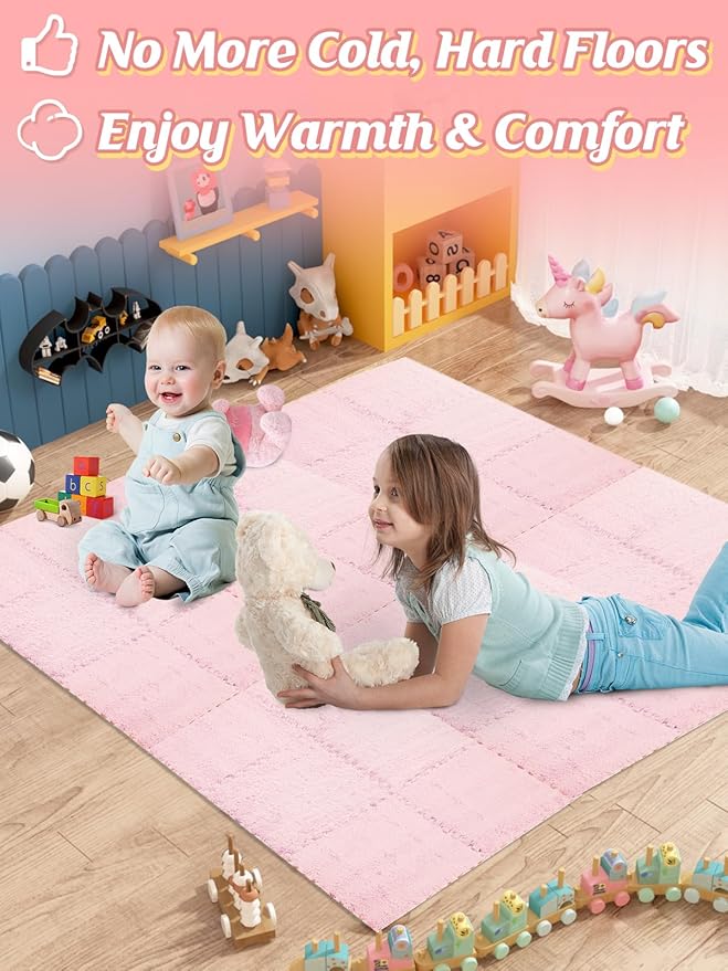 ANPHSIN 12 pcs Thickened Foam Interlocking Floor Mats, Fluffy Plush Mats for Baby with Edgings, Soft Anti-Slip Puzzle Area Rug Playmat, Square Tiles Room Flat (11.8 in, Pink)