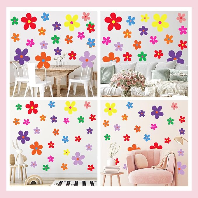TaoBary 12 Sheets Daisy Wall Decal Flower Wall Sticker Cute Daisy Sticker Pink White Flower Decal Peel and Stick Floral Wallpaper for Nursery Bedroom Home Decor(Vivid Color,Exquisite Style)