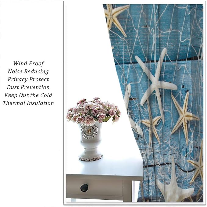 Marine Life Blackout Curtains Watercolor Water Grass Shell Print Curtains for Living Room Bedroom Privacy Curtains 55x63 Inches