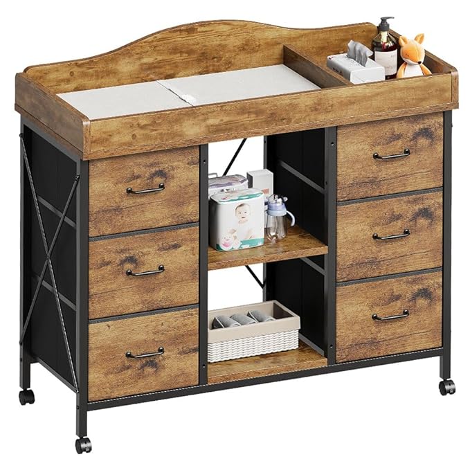 Changing Table, 6-Drawer Baby Dresser with Changing Table top,Waterproof Diaper Changing Station & Pad, 2 Height-Adjustable Open Storage Shelves, Mobile Nursery Organizer, Rustic Brown